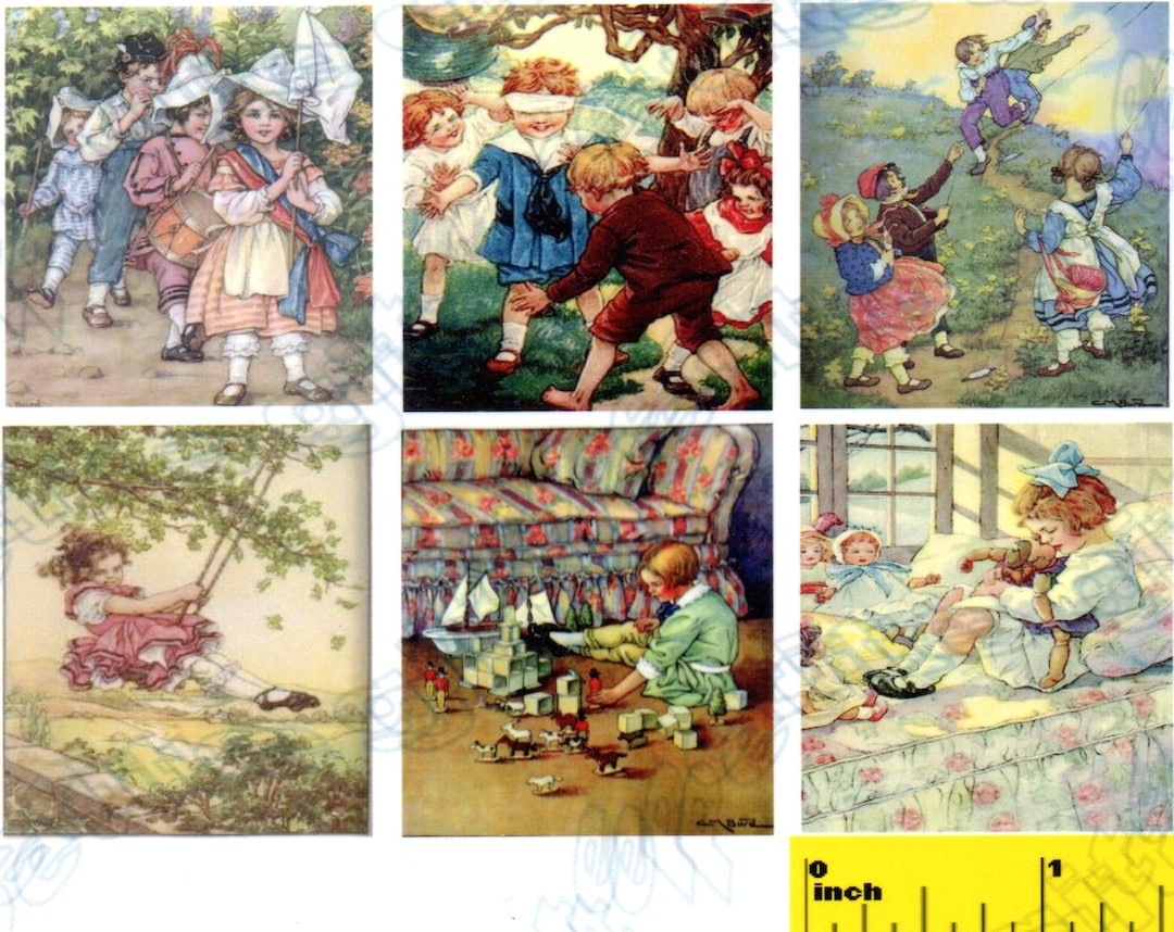 6 Miniature Vintage Children Playing Prints 1920 - Dollhouse 1:12 Scale ...