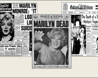 3  Miniature  vintage    'Marilyn Monroe'   Death   NEWSPAPERS  -  Dollhouse miniature 1/6   1/12   1/24   1/48   playscale