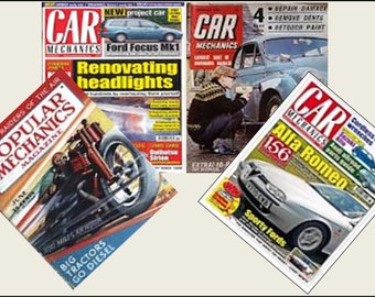 May include: Three different magazines about cars and mechanics. The first magazine is Popular Mechanics with a red, white, and blue cover featuring a motorcycle. The second magazine is Car Mechanics with a red and white cover featuring a car and a person working on it. The third magazine is Car Mechanics with a red and white cover featuring a silver Alfa Romeo 156.