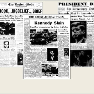 3 Miniature  &#39;KENNEDY ASSASSINATION&#39;  NEWSPAPERS  -  Dollhouse miniature 1/6     1/12     1/24     1/48  playscale