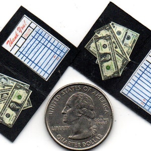 2 Miniature Diner Cafe Restaurant Check / Bill with US Dollars   -  Dollhouse 1:12 scale  IGMA