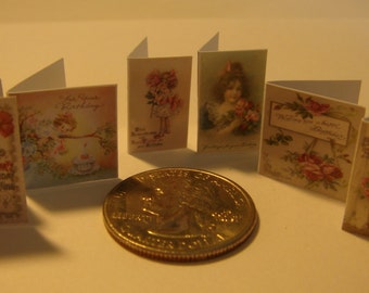 6 Miniature  Vintage Ladies Birthday Cards  -  Dollhouse miniature  1/6   1/12    1/24 playscale