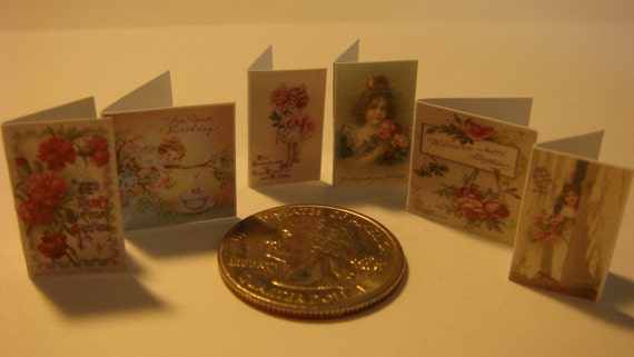 6 Miniature  Vintage Ladies Birthday Cards  -  Dollhouse miniature  1/6   1/12    1/24 playscale