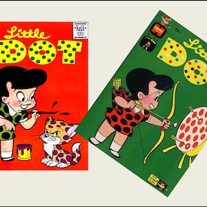 May include: Two vintage comic book covers featuring Little Dot, a young girl with black hair and a red and white polka dot dress. The first cover shows Little Dot painting a spotted cat, while the second cover shows her aiming an arrow at a target.