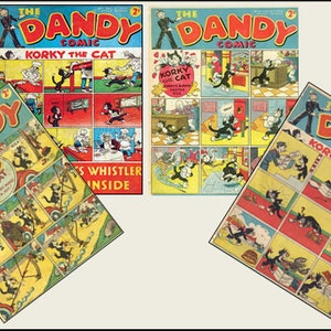 Può includere: Quattro fumetti vintage "The Dandy Comic" con "Korky the Cat". Le copertine presentano illustrazioni colorate dei personaggi del fumetto in varie scene. I fumetti sono in buone condizioni, con testo visibile e colori vivaci.