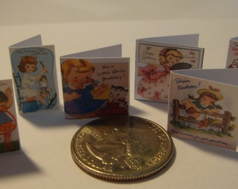 6 Miniature  Vintage Girl's Birthday Cards  -  Dollhouse miniature 1/6    1/12    1/24   playscale