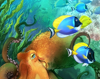 Octopus and Blue Tang - art print ocean scene