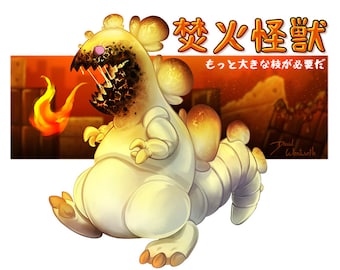 Campfire Kaiju! a marshmallow monster destroying s'mores city