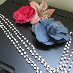 White Glass Beads Double Strand Flapper Necklace  ~~  Art Glass Chain Strung 20&quot; Long Necklace