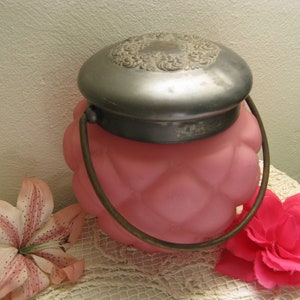 Biscuit Jar Victorian Consolidated Glass Diamond Quilt Biscuit Jar  ~~  Circa 1895  ~~ Pink Satin Glass  and Silverplate Biscuit Jar
