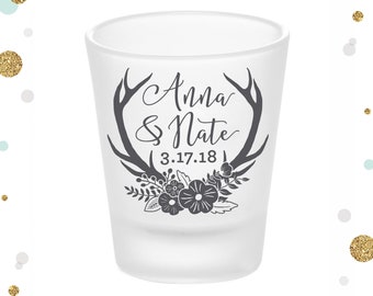 Antlers and Roses - Frosted Shot Glass #1F -  Wedding Favors, Bridal Wedding Favors, Wedding Shot Glasses, Custom Shot Glasses