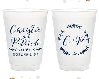 Wreath Monogram - 12oz or 16oz Frosted Unbreakable Plastic Cup #86 - Custom - Bridal Wedding Favors, Wedding Cups, Party Cups, Wedding Favor