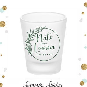 Botanical Monogram Frosted Shot Glass 56F Wedding Favors, Bridal Wedding Favor, Wedding Shot Glass, Custom Shot Glasses, Wedding Favor image 1