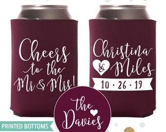 Cheers to the Mrs and Mrs - Bottom-Printed Wedding Can Cooler #28B - Custom - Bridal Wedding Favors, Beverage Insulators, Beer Huggers