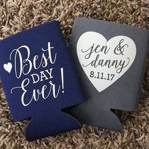 Wedding Can Cooler #41R - Best Day Ever - Heart - Custom - Bridal Wedding Favors, Beverage Insulators, Beer Huggers, Wedding Favor