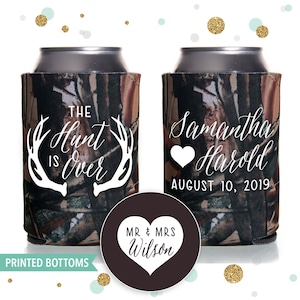 The Hunt is Over - Bottom-Printed Wedding Can Cooler #16B - Custom - Bridal Wedding Favors, Beverage Insulators, Beer Huggers