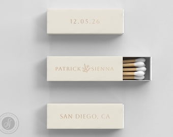 May include: Three ivory matchboxes with copper-colored text. The top box reads "12.05.26". The middle box, partially open, displays "PATRICK SIENNA" with a floral design and matches. The bottom box reads "SAN DIEGO, CA".
