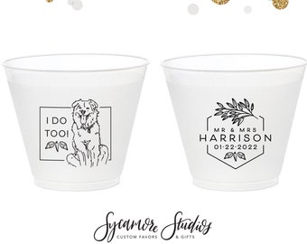 Custom Pet Illustration - Mr and Mrs - 9oz Frosted Unbreakable Plastic Cup #188 - Custom - Bridal Wedding Favors, Wedding Cups, Party Cups