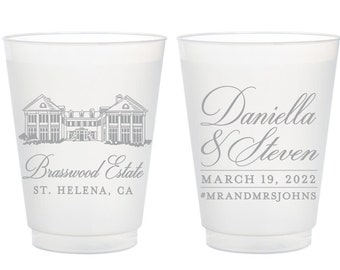 Custom Venue Illustration - 12oz or 16oz Frosted Unbreakable Plastic Cup #189 - Wedding Favor, Wedding Cup, Party Cups, Party Favors