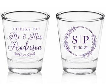 Double-Sided Shot Glass #142C - Cheers to The Mr and Mrs - Wedding Gifts, Wedding Favors, Bridal Favors, Wedding Shot Glasses, Weddig Favor