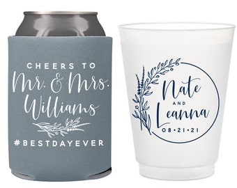 Can Cooler & Frosted Cup Package #140 - Cheers to The Mr and Mrs - Custom - Party Favor, Wedding Favor Package, Wedding Favors, Wedding Cups