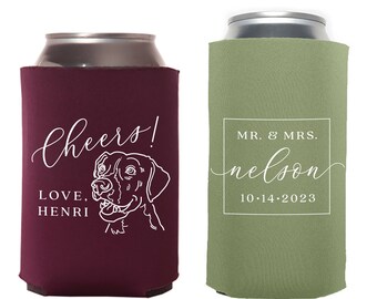 Regular & Slim Can Cooler Wedding Package #204RS -  Custom Pet Illustration - Cheers - Wedding Favor Package, Wedding Favors, Can Holder