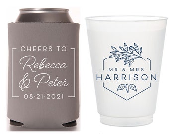 Can Cooler & Frosted Cup Package #174 - Cheers to The Mr and Mrs - Custom - Wedding Favor Package, Wedding Favors, Wedding Cups, Party Decor