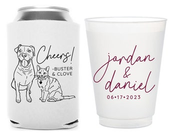 Can Cooler & Frosted Cup Package #213 - Custom Pet Illustration - Wedding Favor Pack, Wedding Favors, Wedding Cups, Pet Favors, Wedding Cups