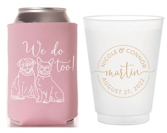 Can Cooler & Frosted Cup Package #190 - Custom Pet Illustration - Wedding Favor Pack, Wedding Favors, Wedding Cups, Pet Favors, Wedding Cups