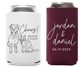 Regular & Slim Can Cooler Wedding Package #213RS -  Custom Pet Illustration - Cheers - Wedding Favor Package, Wedding Favors, Can Holder