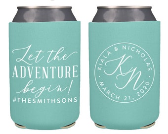 Neoprene Wedding Can Cooler #137N - Let The Adventure Begin - Custom - Wedding Favors, Can Coolers, Wedding Favor, Beer Holder, Party Favors