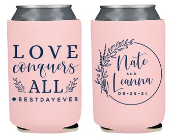 Neoprene Wedding Can Cooler #156N - Love Conquers All - Custom - Wedding Favors, Can Coolers, Wedding Favor, Beer Holder, Party Favor, Decor