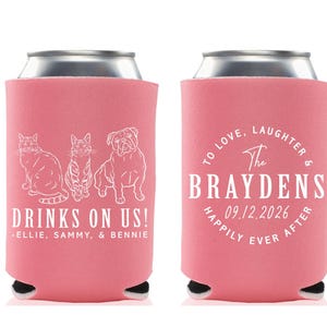 Wedding Can Cooler #346R - Custom Pet Illustration - Drinks On Us - Wedding Favors, Beverage Holder, Wedding Favor, Can Holder, Pet Drawing