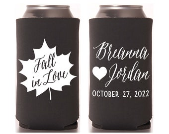 Slim 12oz Wedding Can Cooler #25S - Fall in Love -  Wedding Favors, Beverage Insulators, Beer Huggers, Wedding Favor, Party Favors, Decor