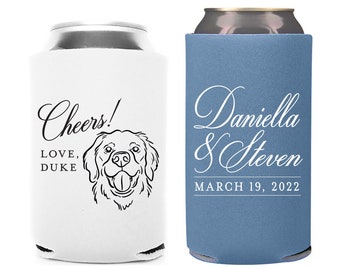 Custom Pet Illustration - Cheers - Regular & Slim Can Cooler Wedding Package #232RS - Wedding Favor Package, Wedding Favors, Can Holder