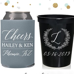 Wedding Can Cooler & Stadium Cup Package #120 - Monogram Wreath - Custom - Wedding Drink Favor Combo Pack, Beer Huggers, Stadium Cup Favors