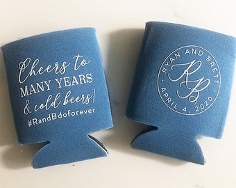 Cheers to Many Years - Wedding Can Cooler #138R - Custom -  Wedding Favors, Beverage Insulators, Beer Huggers, Wedding Favor, Beer Holder