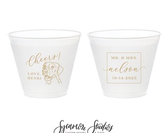 Custom Pet Illustration - Cheers - 9oz Frosted Unbreakable Plastic Cup #204 - Wedding Favors, Wedding Cups, Party Cup, Drink Cup, Wine Cups
