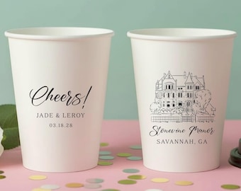 Papieren koffiekopjes van 12 oz met deksel #1 – Illustratie aangepaste locatie – Koffiekopjes bruiloft, aangepaste kopjes huwelijksgunst, wegwerpkoffiekopjes