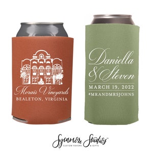Wedding Regular & Slim Can Cooler Package #189RS - Custom Venue Illustration - Wedding Favor Package, Wedding Favor, Beer Can Holder, Decor