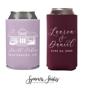 Wedding Regular & Slim Can Cooler Package #191RS - Custom Venue Illustration - Wedding Favor Package, Wedding Favor, Beer Can Holder, Decor