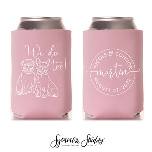 Wedding Can Cooler #190R - Custom Pet Illustration - Monogram - Wedding Favors, Beverage Holder, Wedding Favor, Can Holder, Can Insulator
