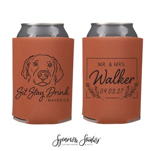 Wedding Can Cooler #251R - Custom Pet Illustration - Sit, Stay, Drink - Wedding Favors, Beverage Holder, Wedding Favor, Can Holder, Pet Cans