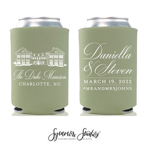 Wedding Can Cooler #189R - Custom Venue Illustration - Wedding Favors, Beverage Holder, Wedding Favor, Can Holder, Favors, House Portrait