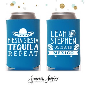 Fiesta Siesta Tequila Repeat - Wedding Can Cooler #116R - Personalized and Custom - Wedding Favors, Beverage Insulators, Beer Huggers