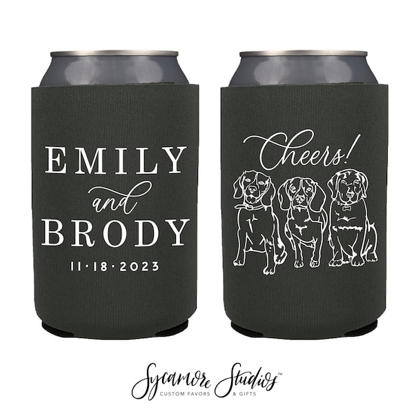 Neoprene Wedding Can Cooler #214N - Custom Pet Illustration - Cheers-  Wedding Favors, Beer Holder, Party Favors, Can Coolers, Dog Hugger