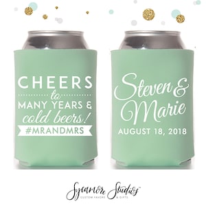 Cheers to Many Years - Wedding Can Cooler #76R- Custom -  Wedding Favors, Beverage Insulators, Beer Huggers