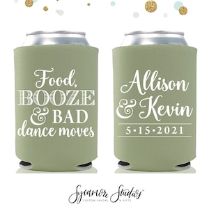 Wedding Can Cooler #148R - Food, Booze & Bad Dance Moves - Custom - Wedding Favors, Beverage Insulators, Beer Huggers, Wedding Favor, Decor