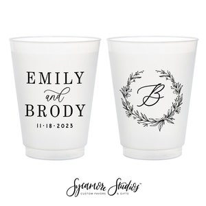 Floral Wreath Monogram - 12oz or 16oz Frosted Unbreakable Plastic Cup #211 - Custom - Bridal Wedding Favor, Wedding Cup, Party Cups, Favor