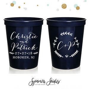 Wreath Monogram - Wedding Stadium Cups #86 - Custom - Bridal Wedding Favors, Wedding Cups, Party Cup, Wedding Reception Gifts For Guests
